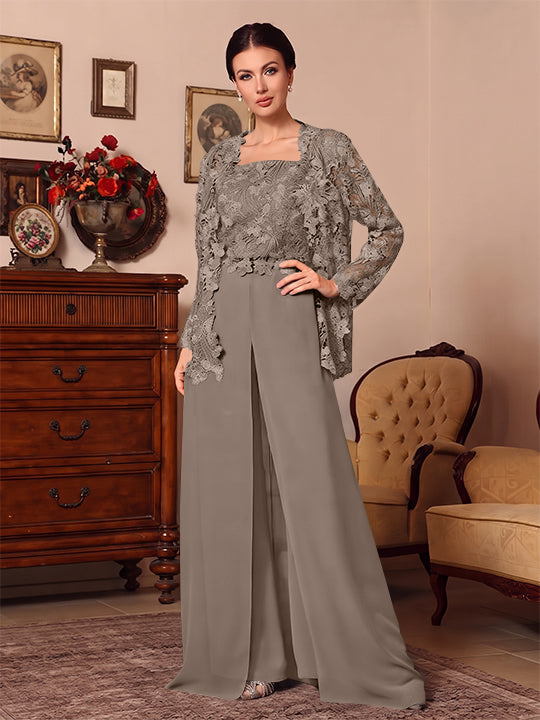 Ensemble pantalon 3 pièces mère de la mariée mousseline col carré, veste, surjupe, dentelle, manches longues, longueur sol