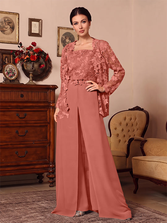 Ensemble pantalon 3 pièces mère de la mariée mousseline col carré, veste, surjupe, dentelle, manches longues, longueur sol