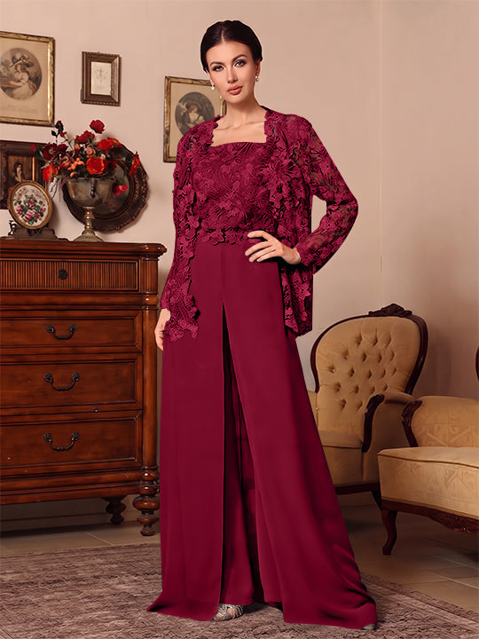 Ensemble pantalon 3 pièces mère de la mariée mousseline col carré, veste, surjupe, dentelle, manches longues, longueur sol