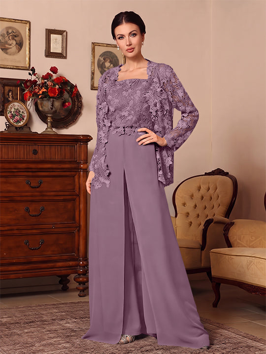 Ensemble pantalon 3 pièces mère de la mariée mousseline col carré, veste, surjupe, dentelle, manches longues, longueur sol
