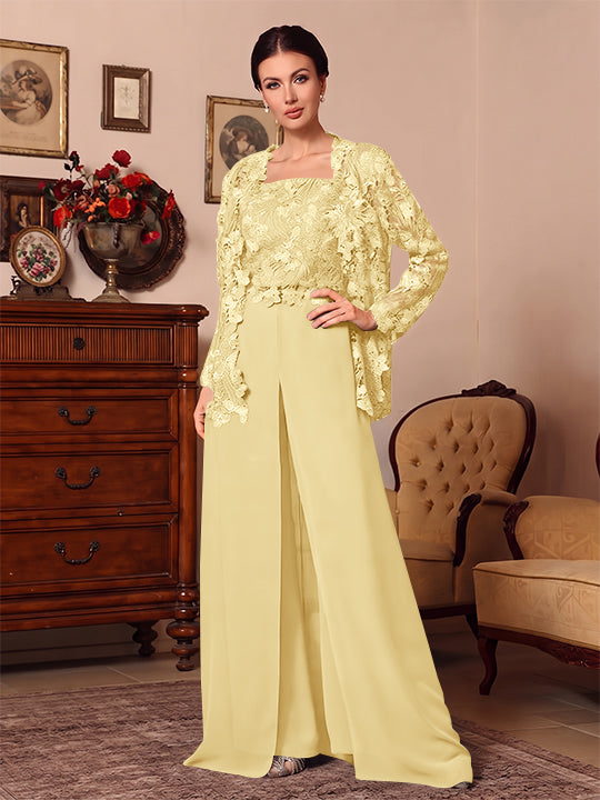 Ensemble pantalon 3 pièces mère de la mariée mousseline col carré, veste, surjupe, dentelle, manches longues, longueur sol