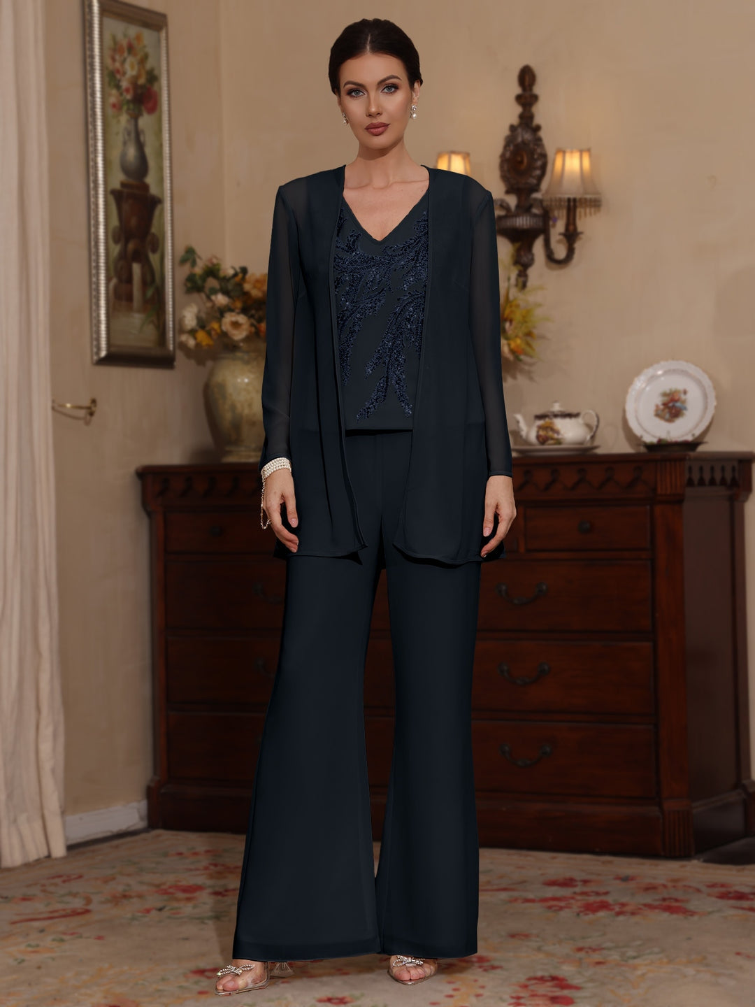 Ensemble pantalon 3 pièces mère de la mariée mousseline, col V, manches longues, longueur cheville, sequins avec veste