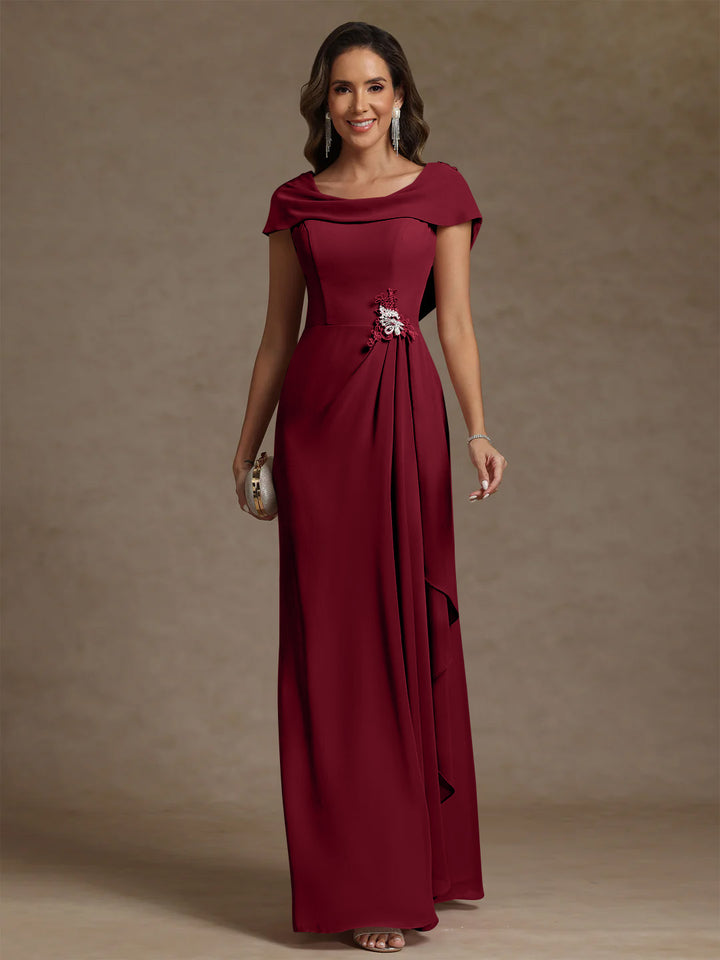 Robe mère de la mariée fourreau mousseline, col drapé, sans manches, longueur sol, strass et volants