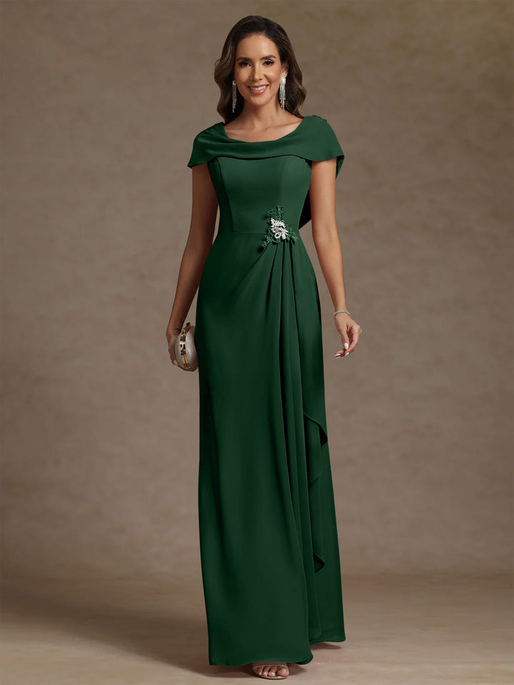 Robe mère de la mariée fourreau mousseline, col drapé, sans manches, longueur sol, strass et volants