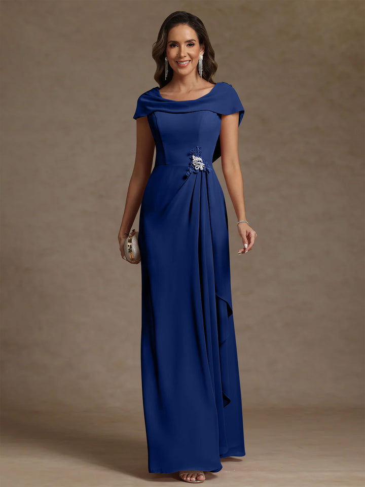 Robe mère de la mariée fourreau mousseline, col drapé, sans manches, longueur sol, strass et volants
