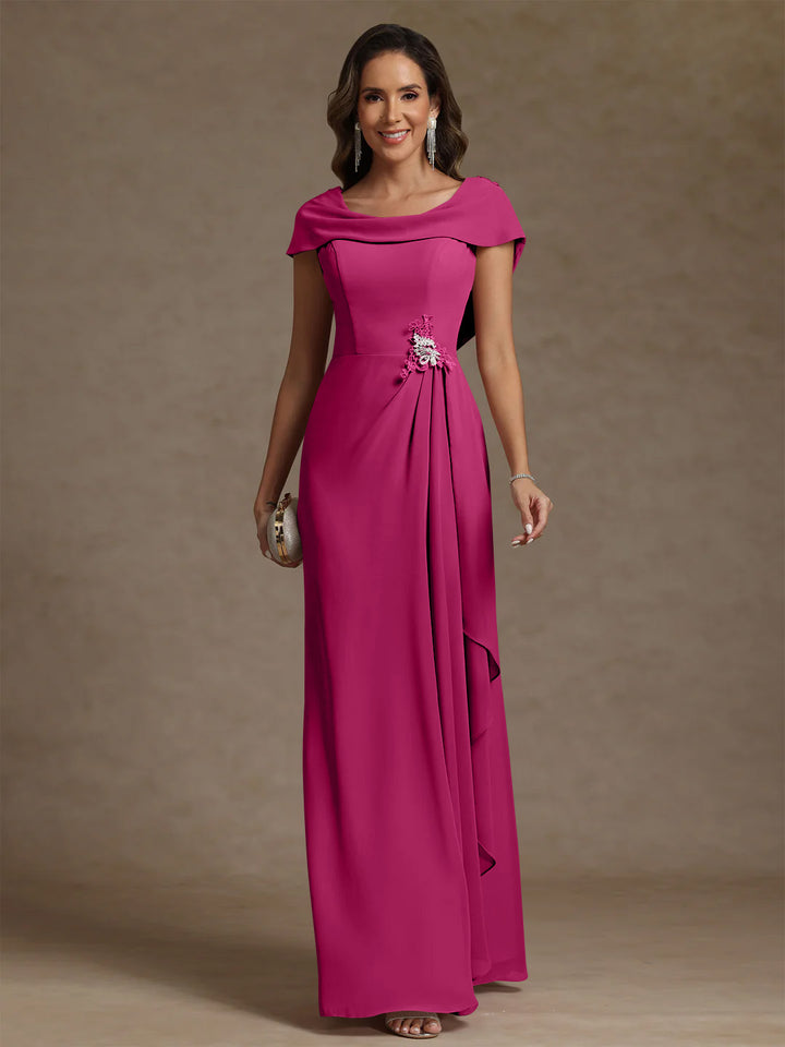 Robe mère de la mariée fourreau mousseline, col drapé, sans manches, longueur sol, strass et volants