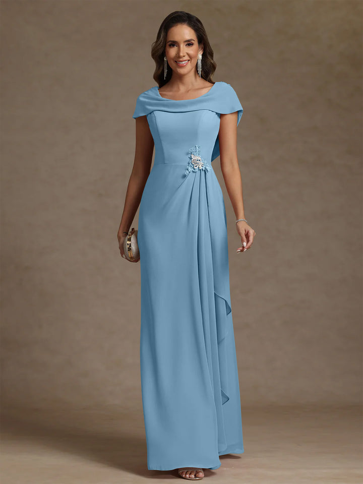 Robe mère de la mariée fourreau mousseline, col drapé, sans manches, longueur sol, strass et volants