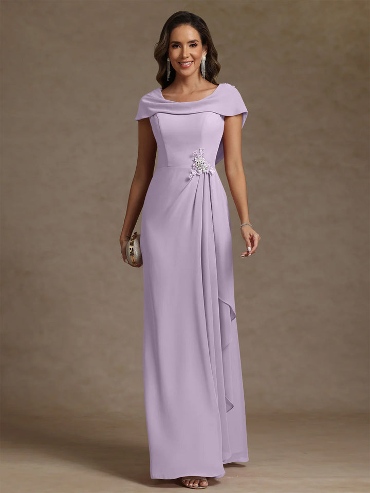 Robe mère de la mariée fourreau mousseline, col drapé, sans manches, longueur sol, strass et volants