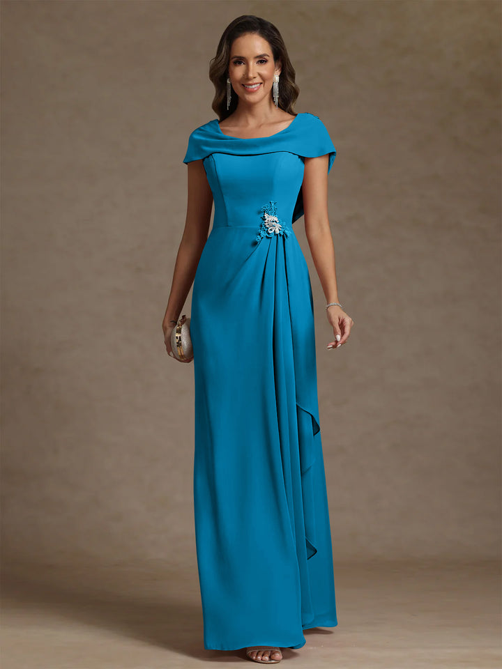 Robe mère de la mariée fourreau mousseline, col drapé, sans manches, longueur sol, strass et volants