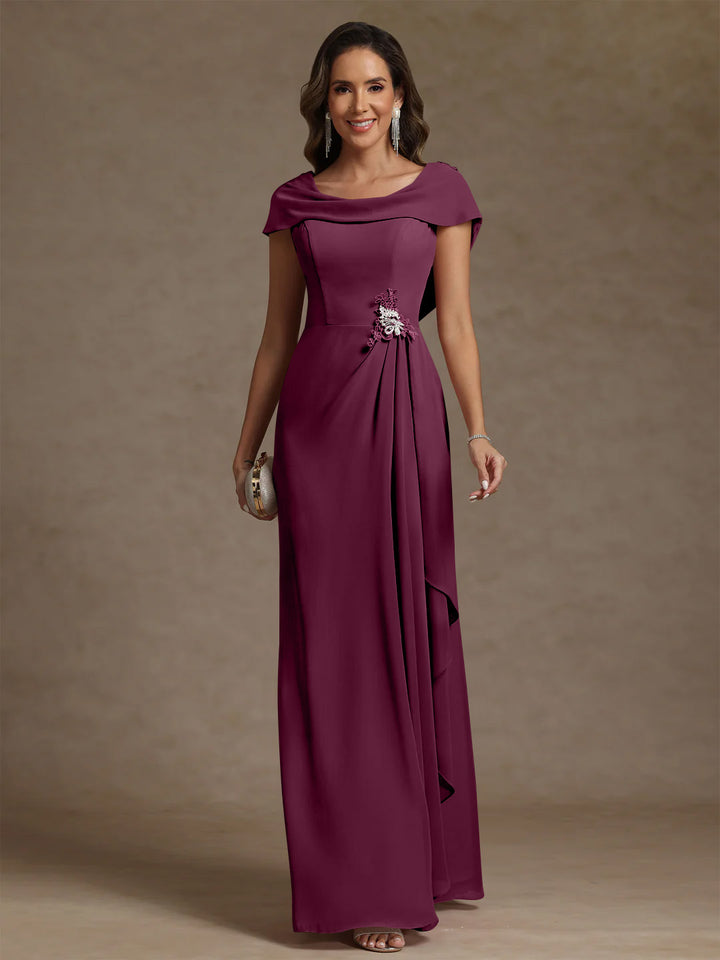 Robe mère de la mariée fourreau mousseline, col drapé, sans manches, longueur sol, strass et volants