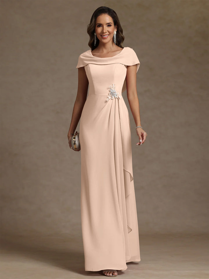 Robe mère de la mariée fourreau mousseline, col drapé, sans manches, longueur sol, strass et volants