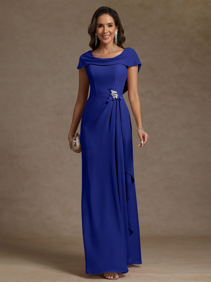 Robe mère de la mariée fourreau mousseline, col drapé, sans manches, longueur sol, strass et volants