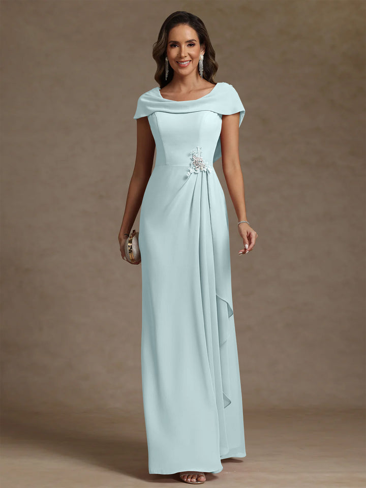 Robe mère de la mariée fourreau mousseline, col drapé, sans manches, longueur sol, strass et volants