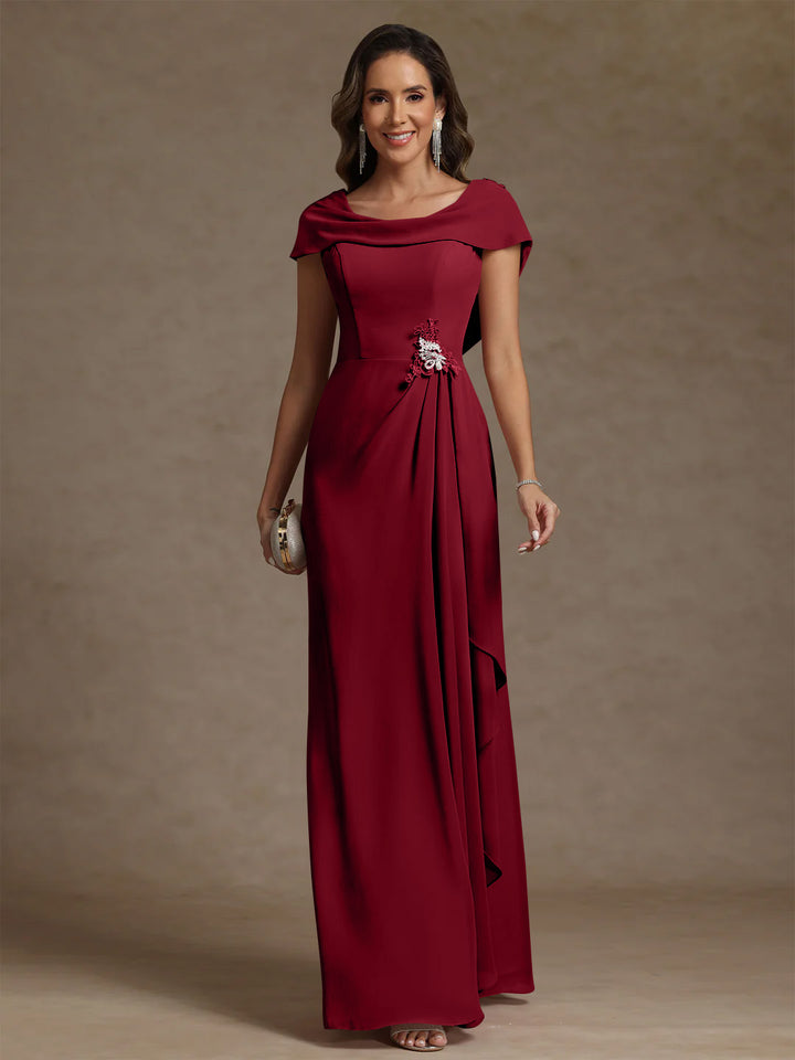 Robe mère de la mariée fourreau mousseline, col drapé, sans manches, longueur sol, strass et volants