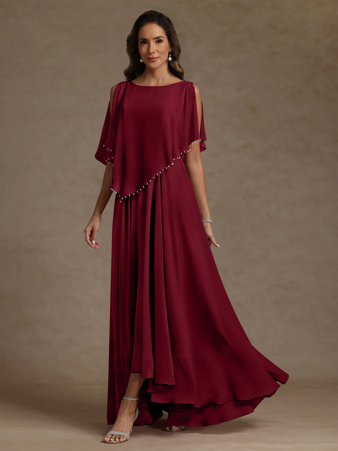 Robe mère de la mariée mousseline ligne A, col rond, sans manches, longueur sol, perles et plissé