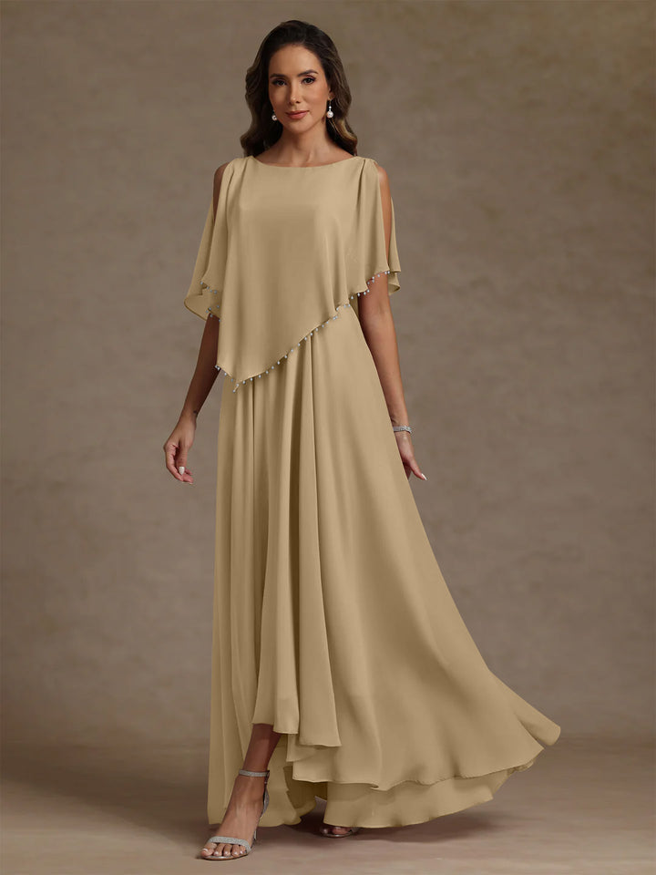 Robe mère de la mariée mousseline ligne A, col rond, sans manches, longueur sol, perles et plissé