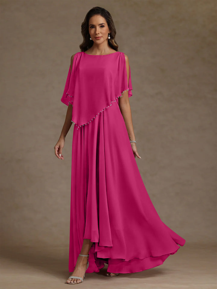 Robe mère de la mariée mousseline ligne A, col rond, sans manches, longueur sol, perles et plissé