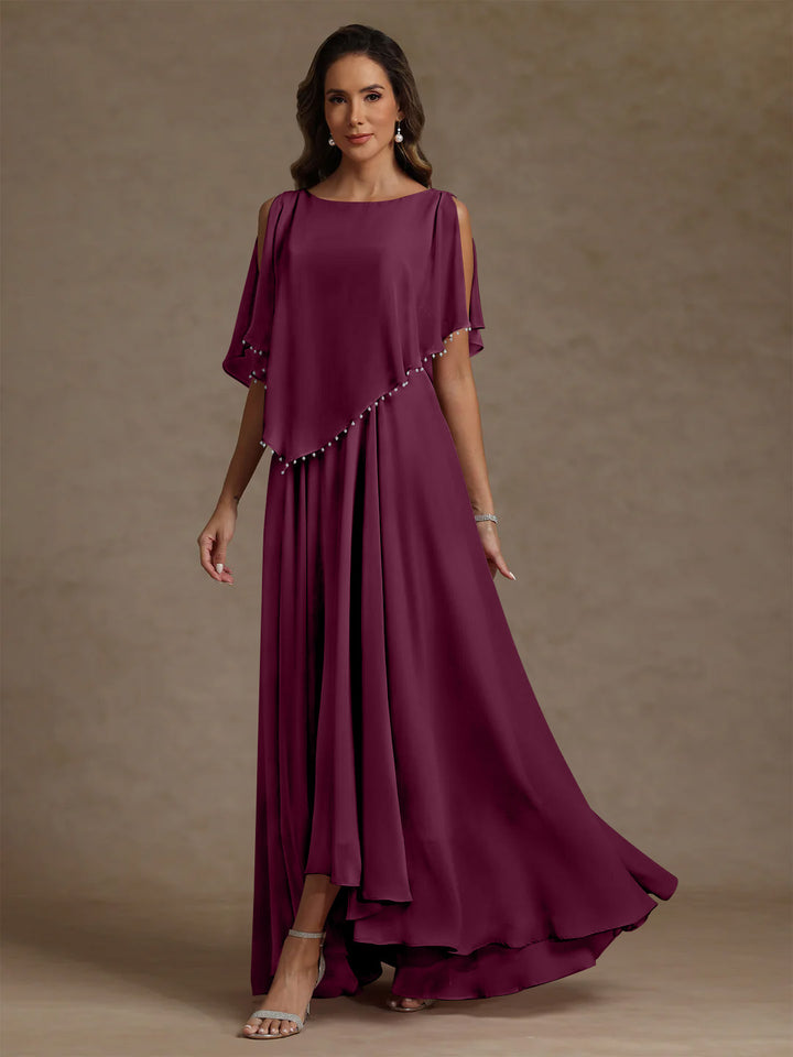 Robe mère de la mariée mousseline ligne A, col rond, sans manches, longueur sol, perles et plissé