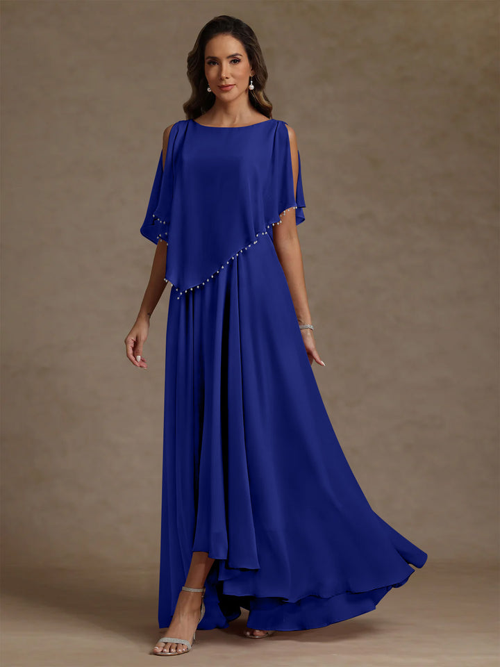 Robe mère de la mariée mousseline ligne A, col rond, sans manches, longueur sol, perles et plissé