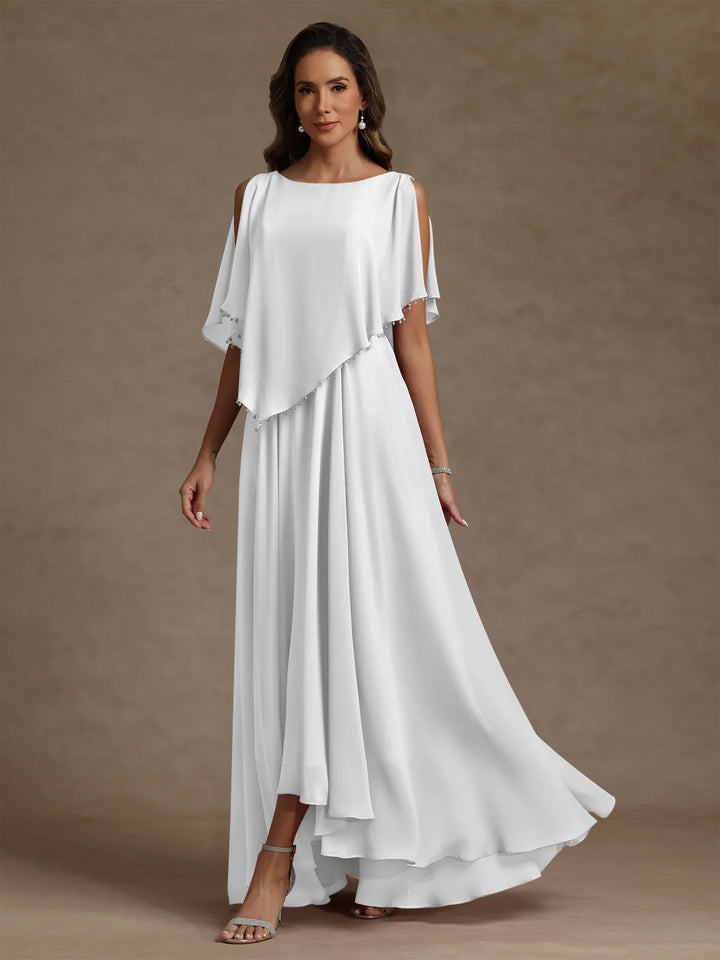 Robe mère de la mariée mousseline ligne A, col rond, sans manches, longueur sol, perles et plissé