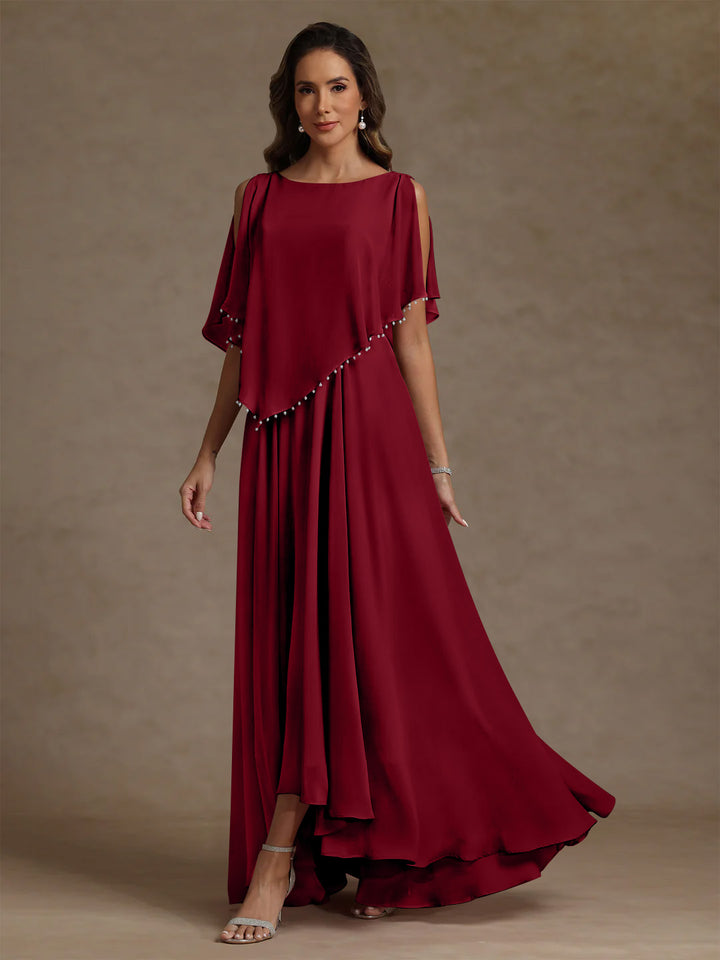 Robe mère de la mariée mousseline ligne A, col rond, sans manches, longueur sol, perles et plissé