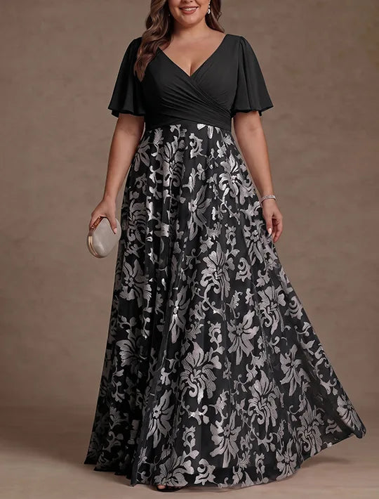 Robe Mère de la Mariée, Taille Plus, Ligne A/Princese, Col en V, Dentelle, Froncée, Manches Courtes, Longueur au Sol, Mousseline
