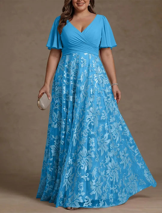 Robe Mère de la Mariée, Taille Plus, Ligne A/Princese, Col en V, Dentelle, Froncée, Manches Courtes, Longueur au Sol, Mousseline