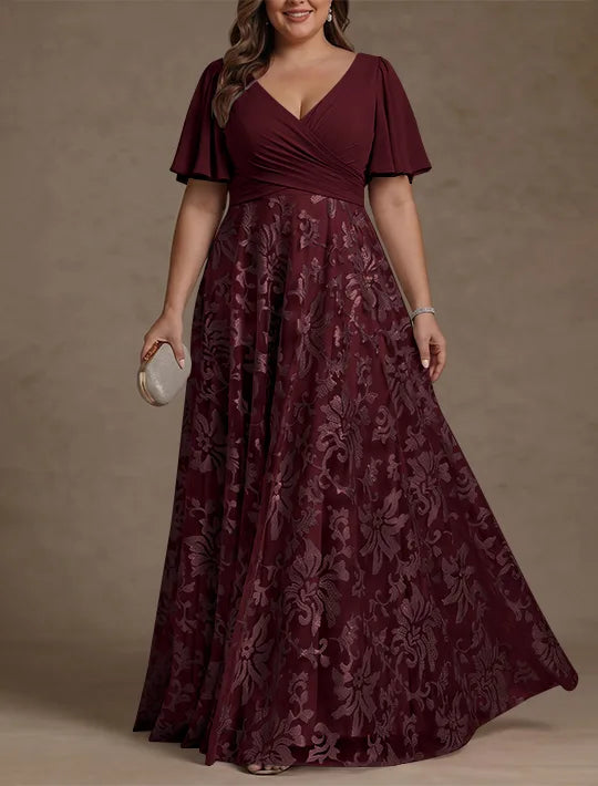 Robe Mère de la Mariée, Taille Plus, Ligne A/Princese, Col en V, Dentelle, Froncée, Manches Courtes, Longueur au Sol, Mousseline