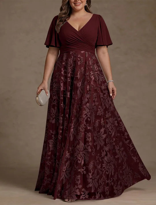 Robe Mère de la Mariée, Taille Plus, Ligne A/Princese, Col en V, Dentelle, Froncée, Manches Courtes, Longueur au Sol, Mousseline