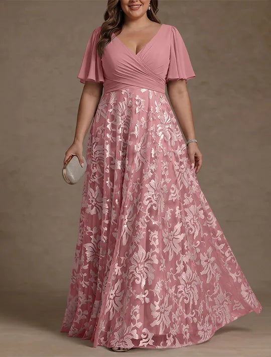 Robe Mère de la Mariée, Taille Plus, Ligne A/Princese, Col en V, Dentelle, Froncée, Manches Courtes, Longueur au Sol, Mousseline