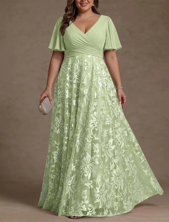 Robe Mère de la Mariée, Taille Plus, Ligne A/Princese, Col en V, Dentelle, Froncée, Manches Courtes, Longueur au Sol, Mousseline
