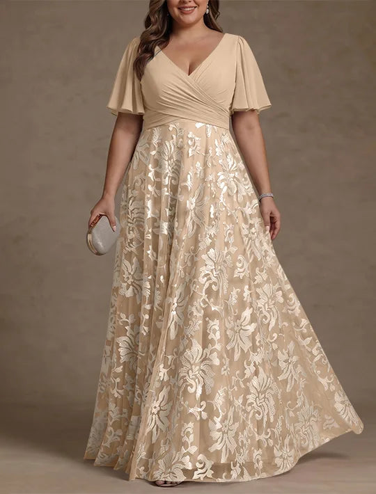 Robe Mère de la Mariée, Taille Plus, Ligne A/Princese, Col en V, Dentelle, Froncée, Manches Courtes, Longueur au Sol, Mousseline