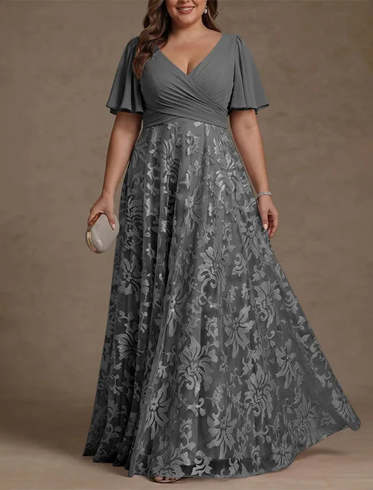 Robe Mère de la Mariée, Taille Plus, Ligne A/Princese, Col en V, Dentelle, Froncée, Manches Courtes, Longueur au Sol, Mousseline