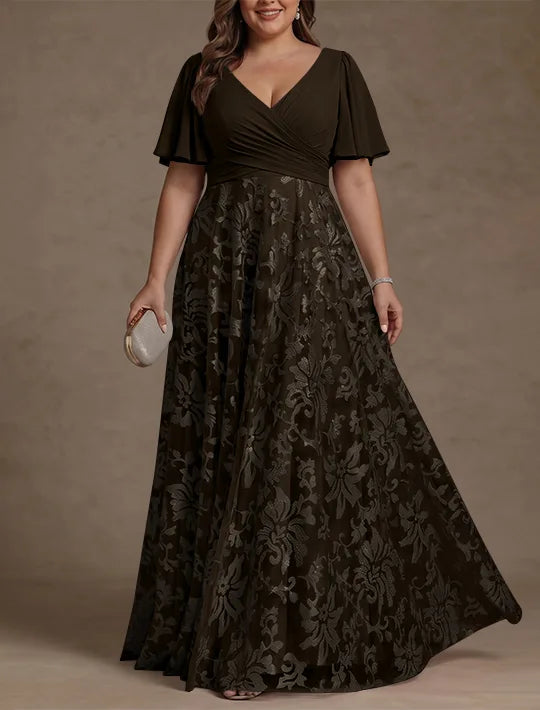Robe Mère de la Mariée, Taille Plus, Ligne A/Princese, Col en V, Dentelle, Froncée, Manches Courtes, Longueur au Sol, Mousseline