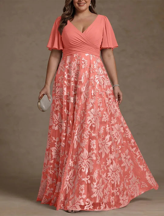Robe Mère de la Mariée, Taille Plus, Ligne A/Princese, Col en V, Dentelle, Froncée, Manches Courtes, Longueur au Sol, Mousseline