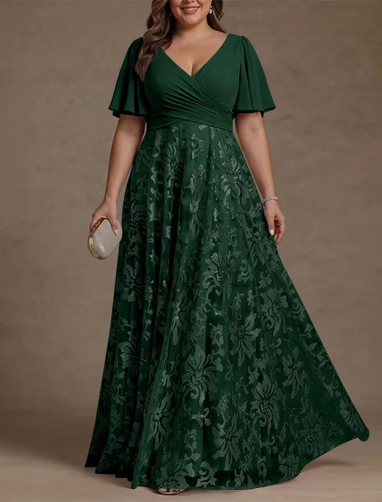 Robe Mère de la Mariée, Taille Plus, Ligne A/Princese, Col en V, Dentelle, Froncée, Manches Courtes, Longueur au Sol, Mousseline
