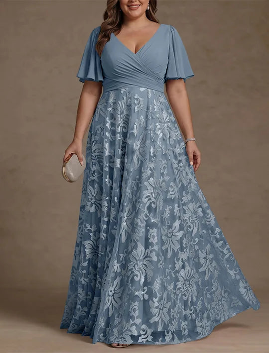 Robe Mère de la Mariée, Taille Plus, Ligne A/Princese, Col en V, Dentelle, Froncée, Manches Courtes, Longueur au Sol, Mousseline