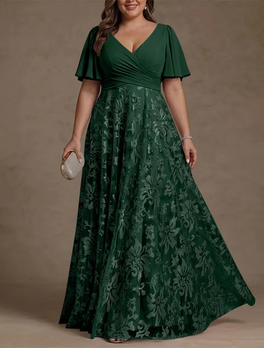 Robe Mère de la Mariée, Taille Plus, Ligne A/Princese, Col en V, Dentelle, Froncée, Manches Courtes, Longueur au Sol, Mousseline