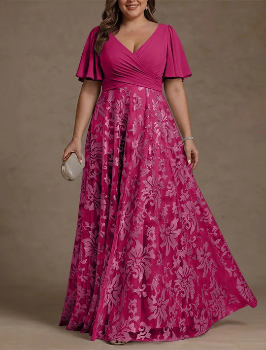 Robe Mère de la Mariée, Taille Plus, Ligne A/Princese, Col en V, Dentelle, Froncée, Manches Courtes, Longueur au Sol, Mousseline