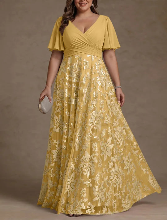 Robe Mère de la Mariée, Taille Plus, Ligne A/Princese, Col en V, Dentelle, Froncée, Manches Courtes, Longueur au Sol, Mousseline