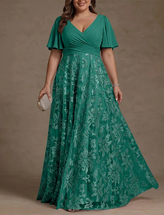 Robe Mère de la Mariée, Taille Plus, Ligne A/Princese, Col en V, Dentelle, Froncée, Manches Courtes, Longueur au Sol, Mousseline