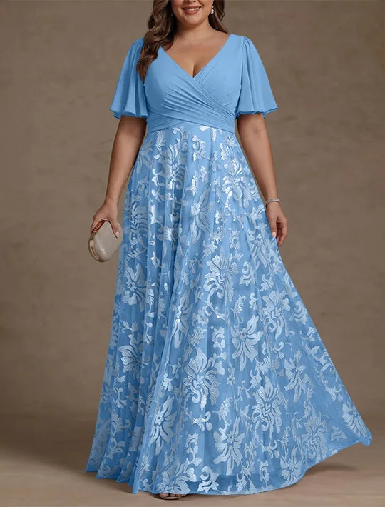 Robe Mère de la Mariée, Taille Plus, Ligne A/Princese, Col en V, Dentelle, Froncée, Manches Courtes, Longueur au Sol, Mousseline