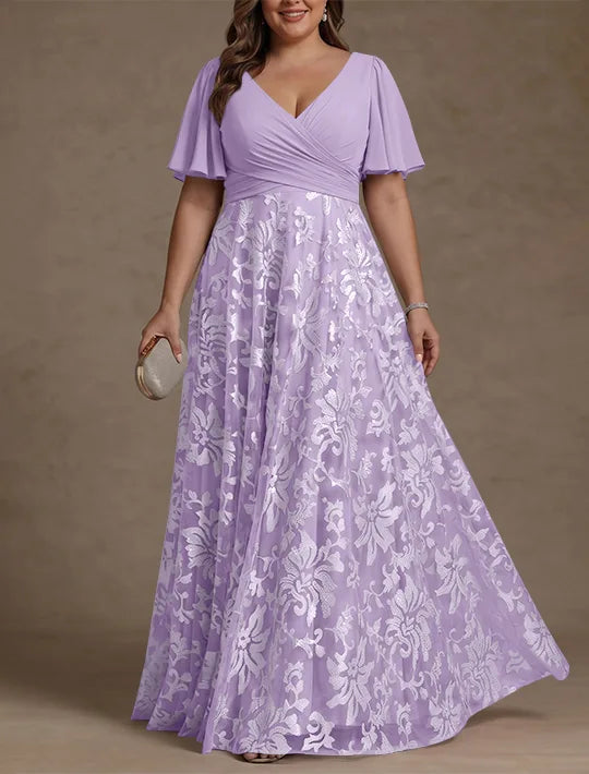 Robe Mère de la Mariée, Taille Plus, Ligne A/Princese, Col en V, Dentelle, Froncée, Manches Courtes, Longueur au Sol, Mousseline