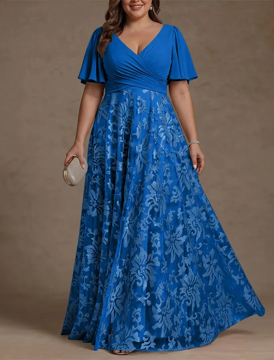Robe Mère de la Mariée, Taille Plus, Ligne A/Princese, Col en V, Dentelle, Froncée, Manches Courtes, Longueur au Sol, Mousseline