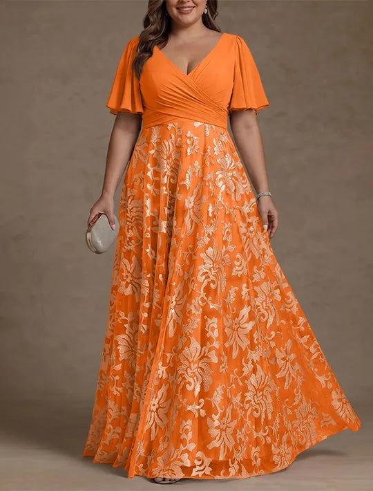 Robe Mère de la Mariée, Taille Plus, Ligne A/Princese, Col en V, Dentelle, Froncée, Manches Courtes, Longueur au Sol, Mousseline