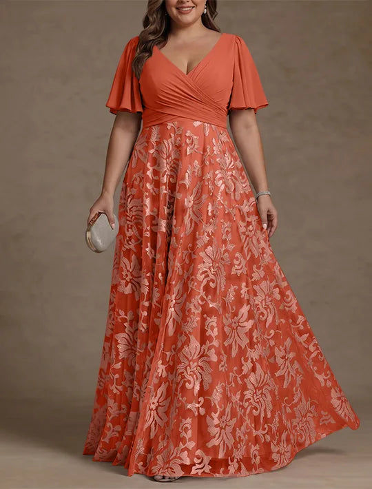 Robe Mère de la Mariée, Taille Plus, Ligne A/Princese, Col en V, Dentelle, Froncée, Manches Courtes, Longueur au Sol, Mousseline