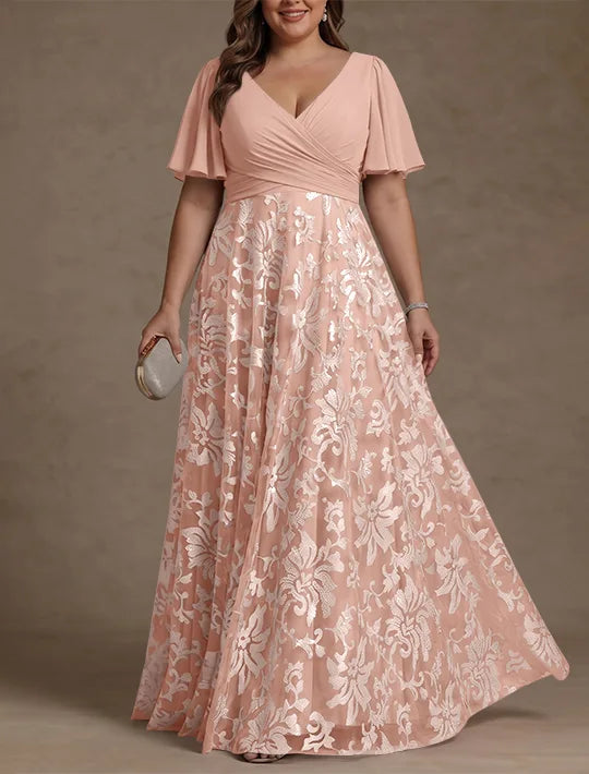 Robe Mère de la Mariée, Taille Plus, Ligne A/Princese, Col en V, Dentelle, Froncée, Manches Courtes, Longueur au Sol, Mousseline
