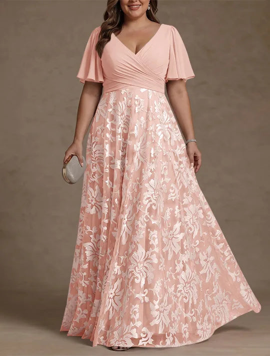 Robe Mère de la Mariée, Taille Plus, Ligne A/Princese, Col en V, Dentelle, Froncée, Manches Courtes, Longueur au Sol, Mousseline