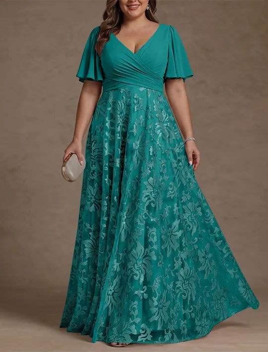 Robe Mère de la Mariée, Taille Plus, Ligne A/Princese, Col en V, Dentelle, Froncée, Manches Courtes, Longueur au Sol, Mousseline