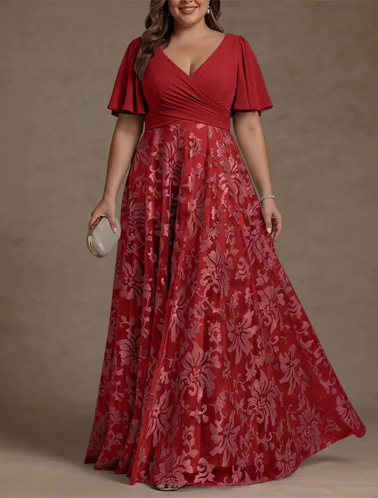 Robe Mère de la Mariée, Taille Plus, Ligne A/Princese, Col en V, Dentelle, Froncée, Manches Courtes, Longueur au Sol, Mousseline
